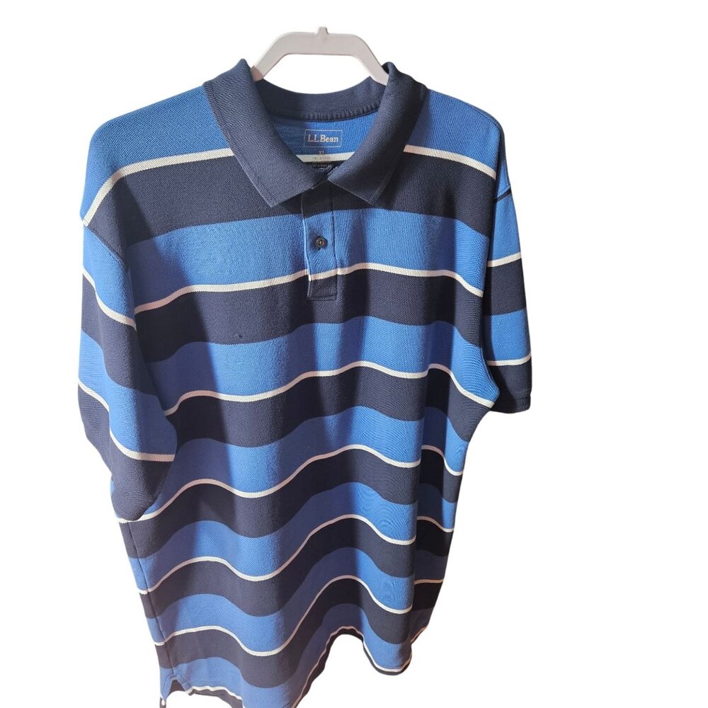 L.L. Bean Mens XL Blue Striped Short Sleeve Polo Shirt 100% Cotton Casual Wear